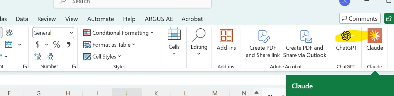The Excel ribbon with the ChatGPT and Claude add-ins highlighted, and a Claude side pane opening next to the workbook.
