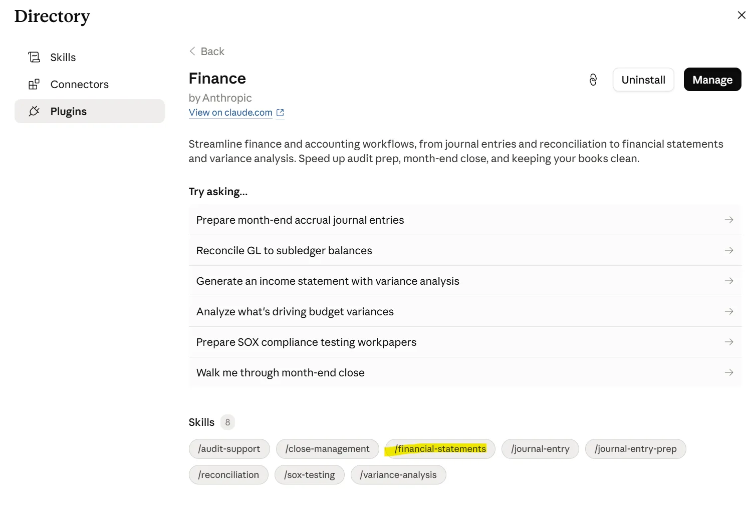 The skill selection screen inside Claude. The Finance plugin is open and its available skills are listed; the Financial Statements skill is highlighted as the one selected for this workflow.