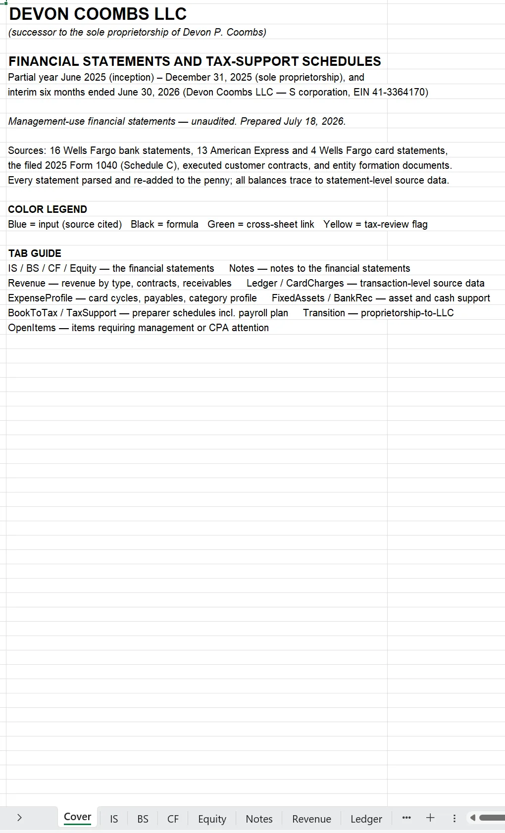 The Cover tab of the generated Excel workbook, showing the entity title, a summary of the sources used, a color legend, and a guide to the workbook's tabs. Sheet tabs along the bottom include the income statement, balance sheet, cash flows, equity, notes, revenue, and ledger.