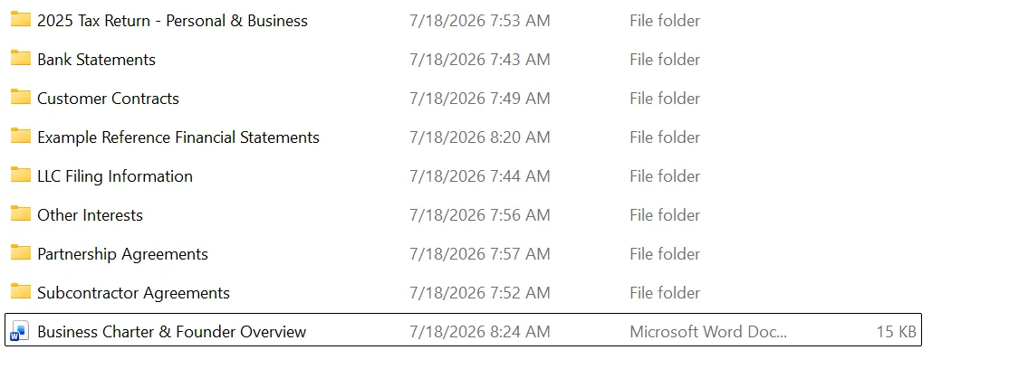 An organized project folder listing the assembled source records: bank statements, credit card statements, customer contracts and invoices, payroll and contractor payment reports, formation documents, tax filings, debt agreements, ownership records, existing accounting files, and the business-background memorandum that explains the company behind them.