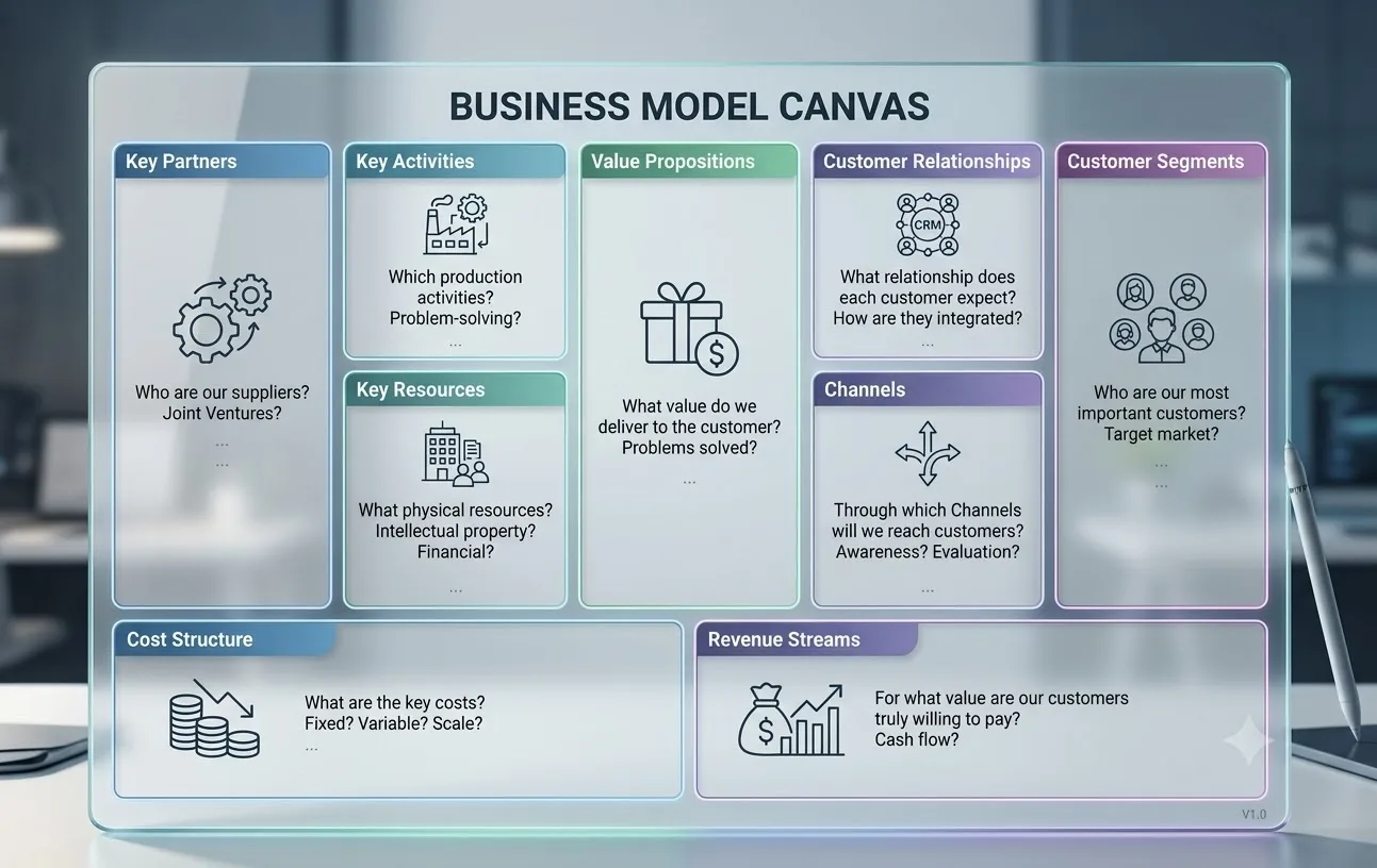 A Business Model Canvas with its nine blocks: Key Partners, Key Activities, Key Resources, Value Propositions, Customer Relationships, Channels, Customer Segments, Cost Structure, and Revenue Streams.